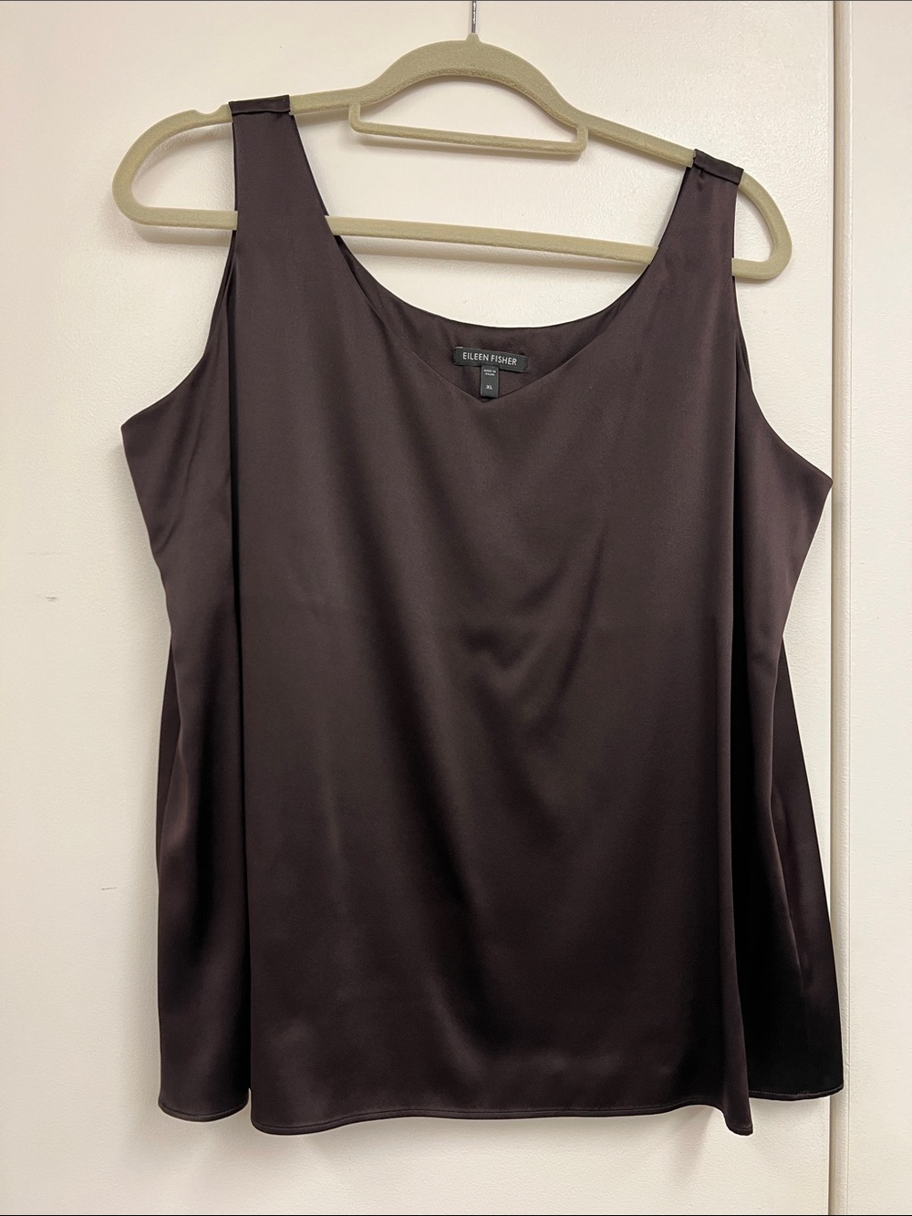 Eileen Fisher Dark Brown Satin Silk Smooth Tank Top Cami Blouse Shirt Chocolate